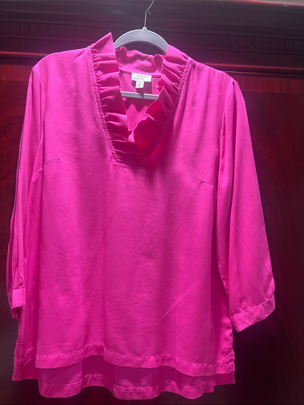 crown & ivy Hot Pink Ruffle V-Neck Blouse